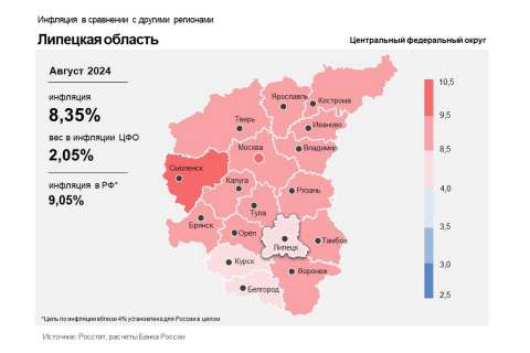 Годовая инфляция в Липецкой области в августе уменьшилась до 8,35%