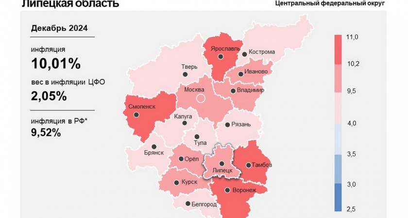 Инфляция в Липецкой области увеличилась до 10,01%