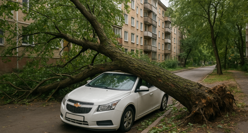 В Липецке ураган обрушил дерево на припаркованный "Шевроле"