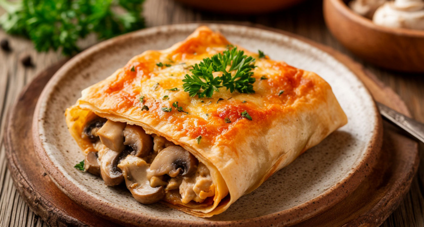 Жюльен в лаваше с курицей и грибами: хрустящий рулет с тягучей начинкой за 10 минут