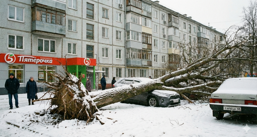 Упавшее дерево расплющило кроссовер ночью на Звёздной