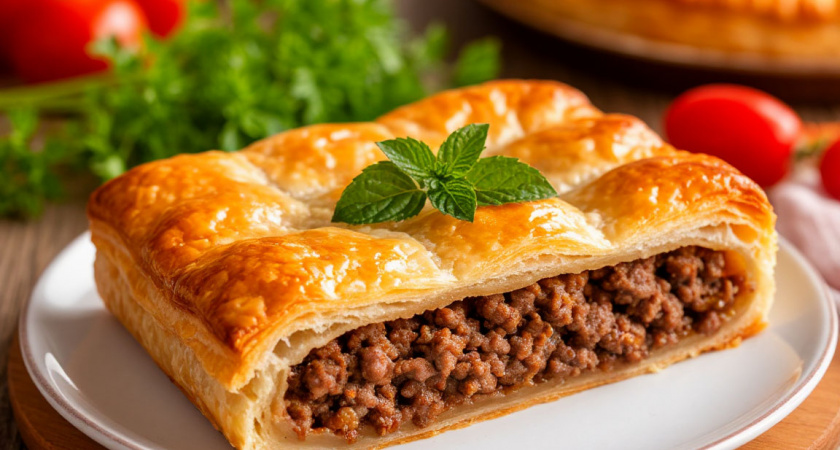 2 куска слоеного теста и горсть фарша — как за полчаса сделать супер-сытный пирог: подойдёт и к завтраку, и на перекус