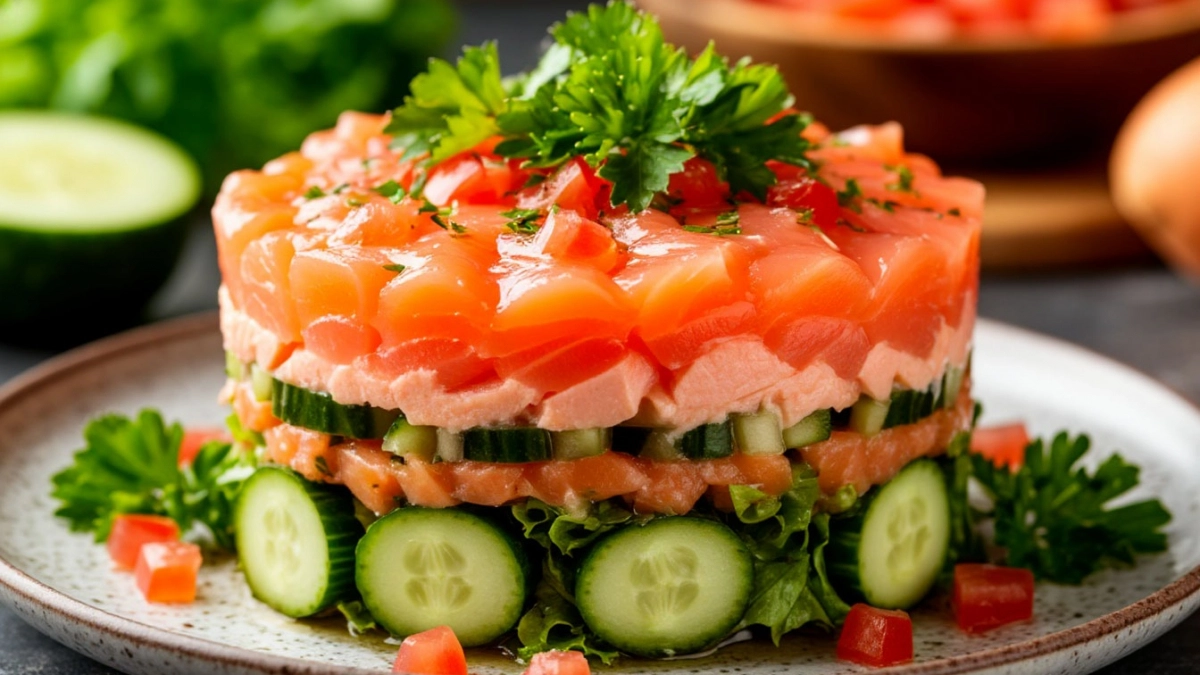 Слоёный салат с горбушей и свежим огурцом: нежнее оливье и без варки овощей