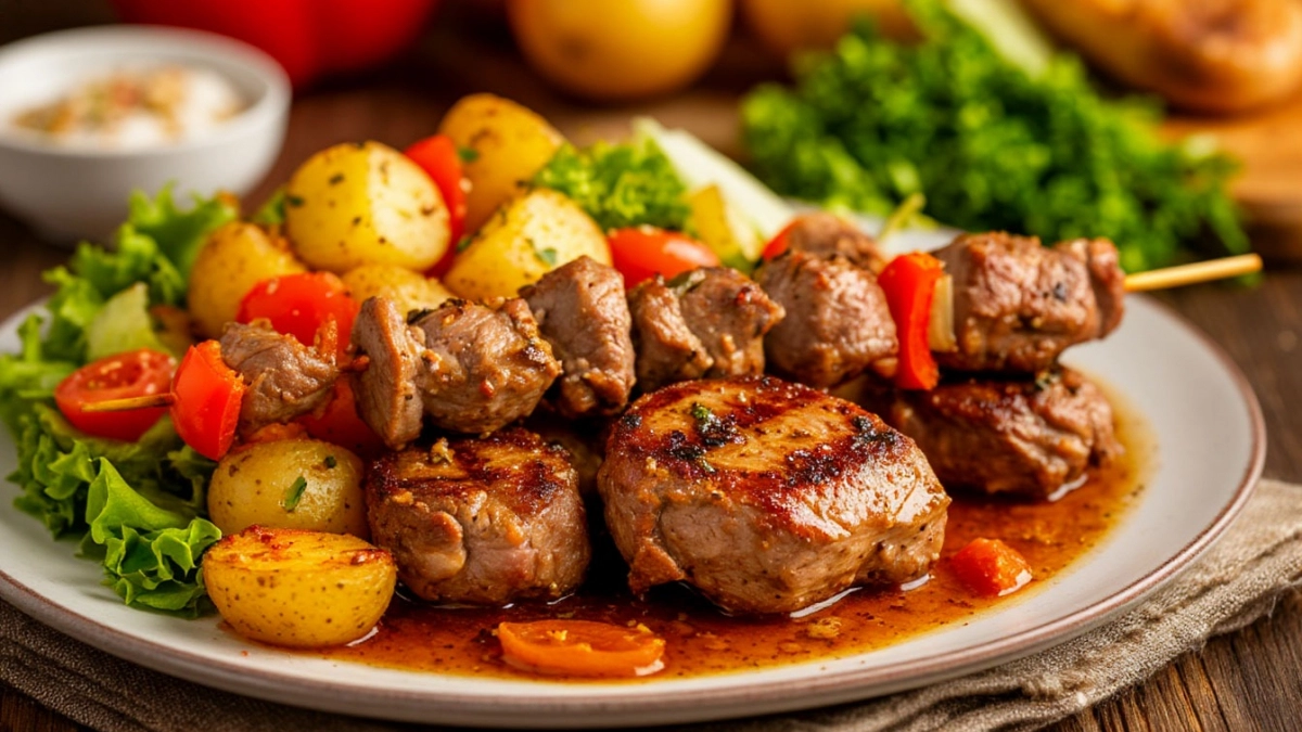 Вкусный ужин за 30 минут — бёдра на шпажках, картошка и салат. мясо с ароматным маринадом без лишней возни