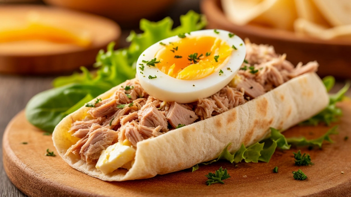 Беру самую простую начинку — тунец, яйца, майонез, заворачиваю в лаваш и получаю хит завтрака