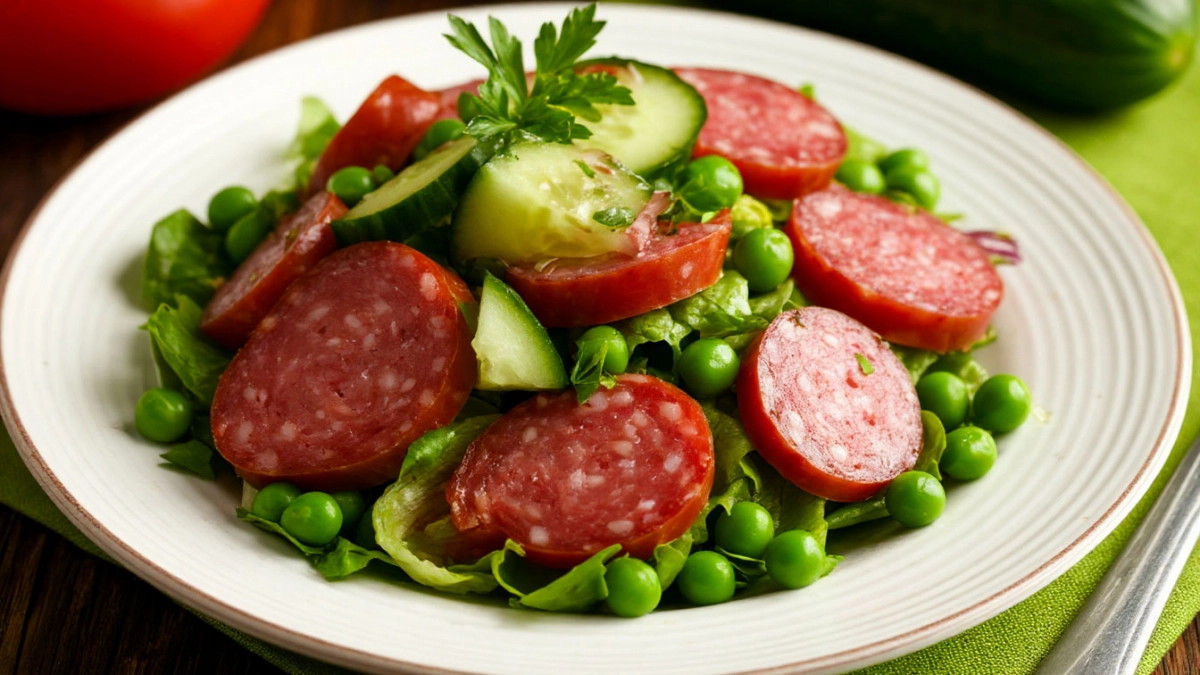 Беру копченую колбасу, огурец и горошек — через 1 минуту подаю салат «Миледи», сытный и хрустящий
