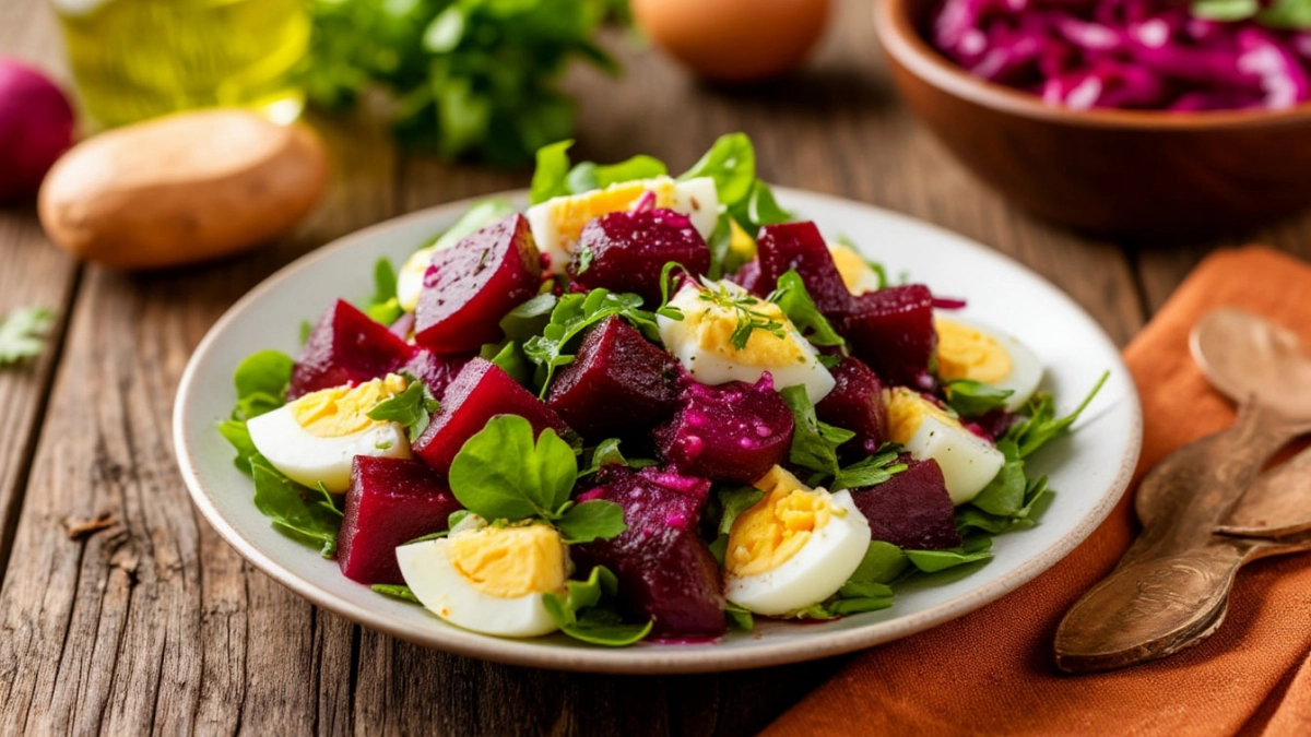 Дешёво, полезно и очень вкусно: салат из свёклы и яиц с зелёной заправкой для весеннего меню