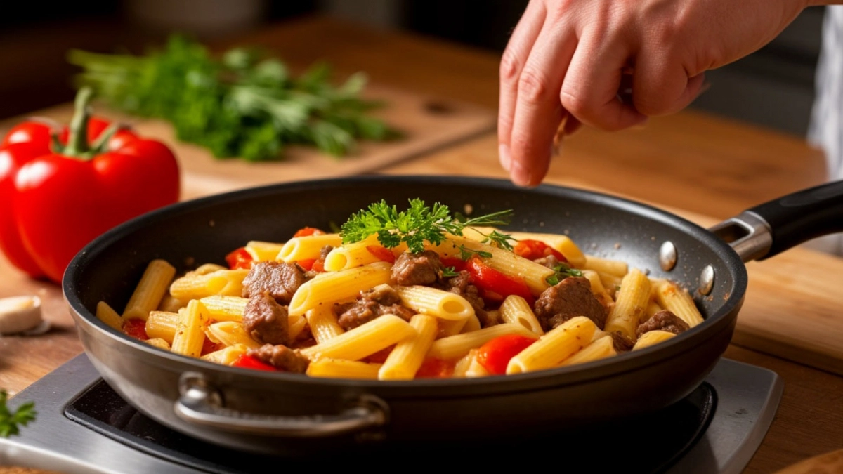 Мало кто так готовит макароны, а зря: тушу с овощами и мясом прямо в сковороде — выходит пальчики оближешь